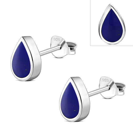 Lapiz Lazuli Blue Stone Drop Silver Stud Earrings