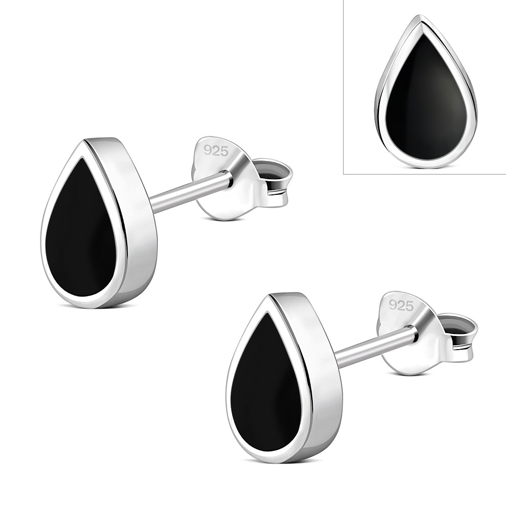 Black Onyx Drop Silver Stud Earrings