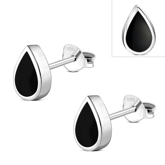 Black Onyx Drop Silver Stud Earrings