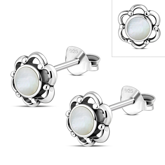 Mother of Pearl Flower Stud Silver Earrings