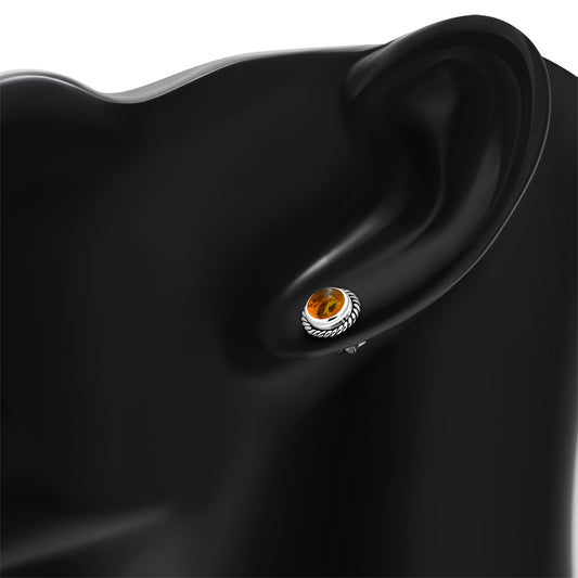 Round Baltic Amber Stud Silver Earrings