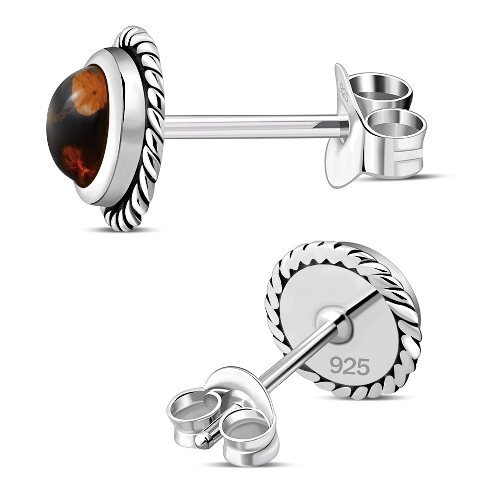 Round Baltic Amber Stud Silver Earrings