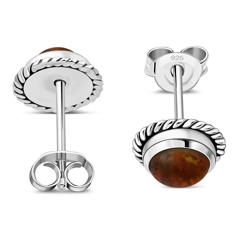 Round Baltic Amber Stud Silver Earrings