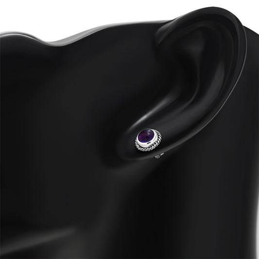 Round Amethyst Stone Stud Silver Earrings