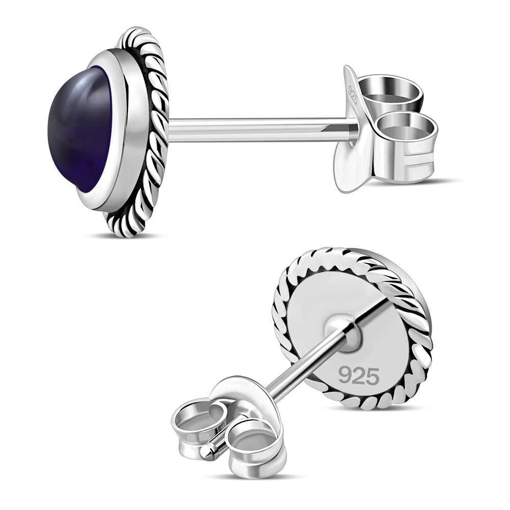 Round Amethyst Stone Stud Silver Earrings