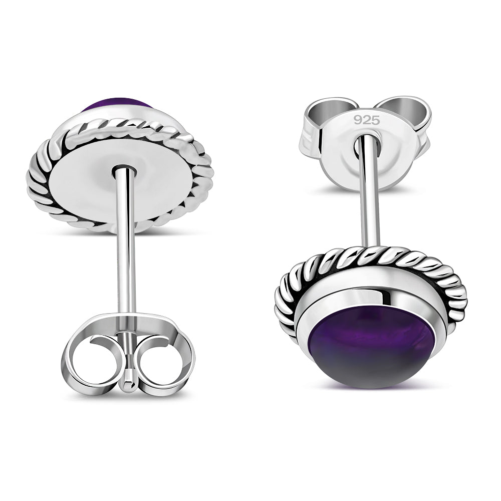Round Amethyst Stone Stud Silver Earrings