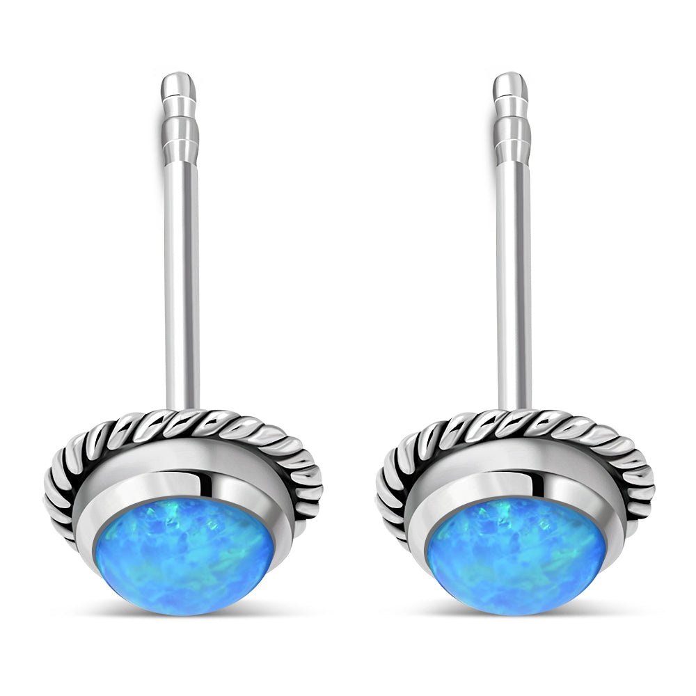 Round Synthetic Blue Opal Stud Silver Earrings