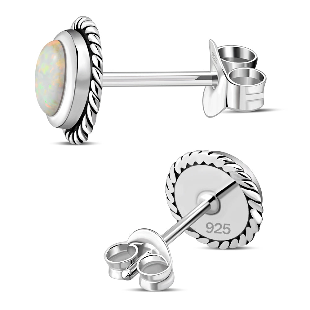 Round Synthetic Sun & Ice Opal Stud Silver Earrings