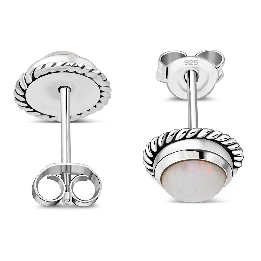 Round Synthetic Sun & Ice Opal Stud Silver Earrings