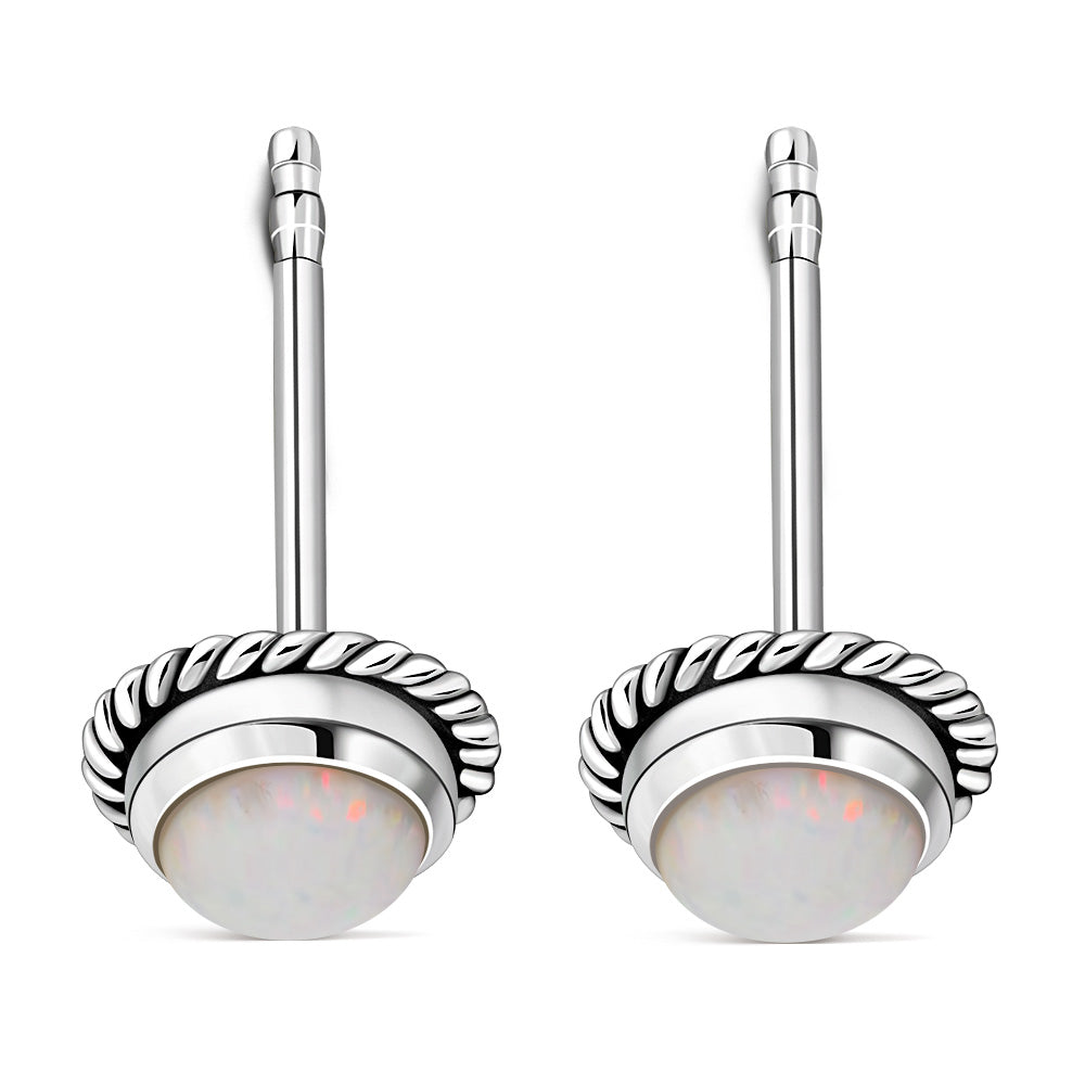 Round Synthetic Sun & Ice Opal Stud Silver Earrings