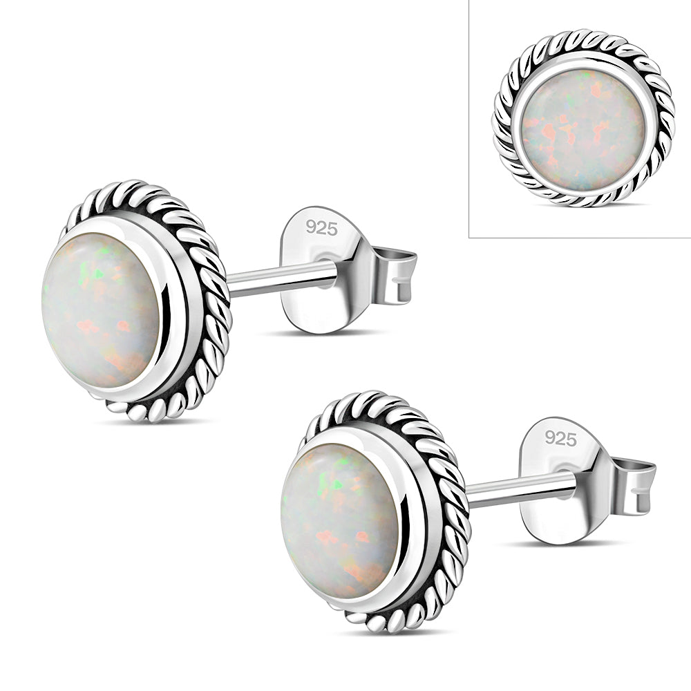 Round Synthetic Sun & Ice Opal Stud Silver Earrings