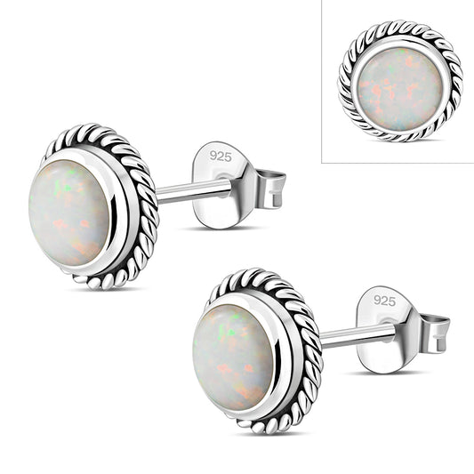 Round Synthetic Sun & Ice Opal Stud Silver Earrings