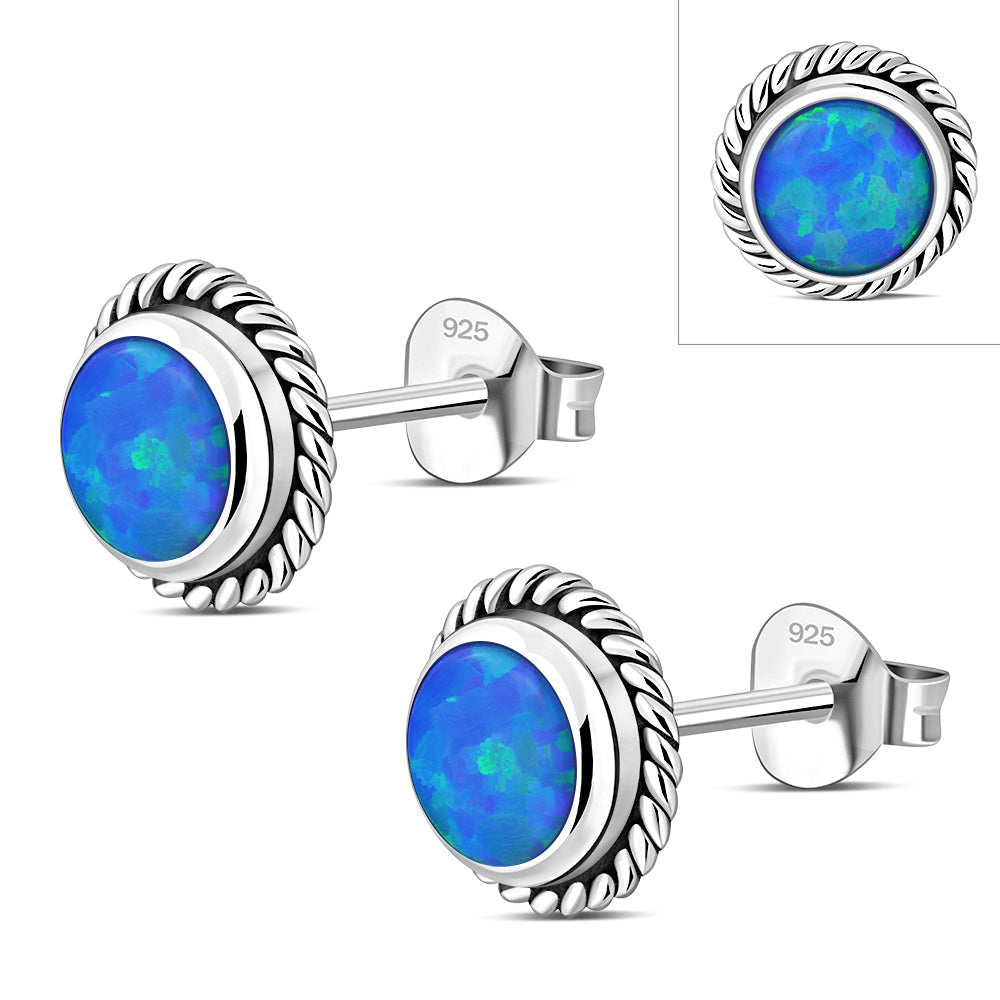 Round Synthetic Blue Opal Stud Silver Earrings