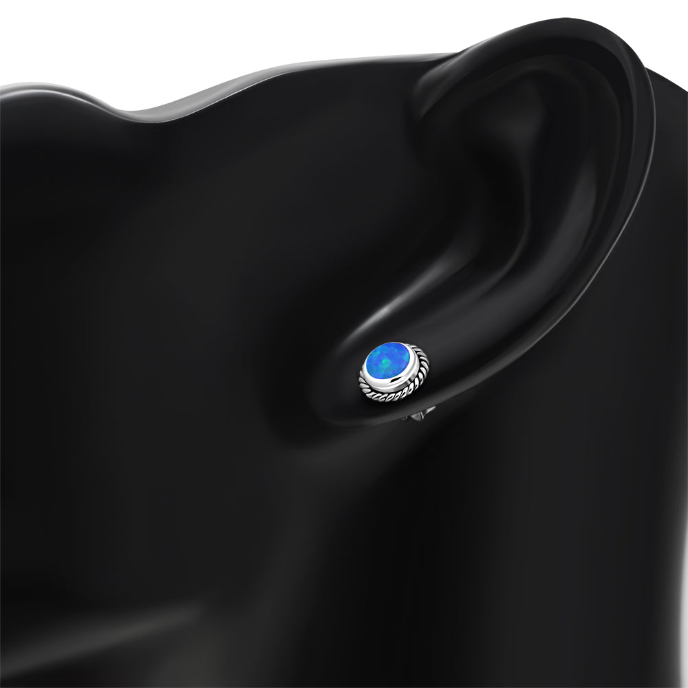 Round Synthetic Blue Opal Stud Silver Earrings