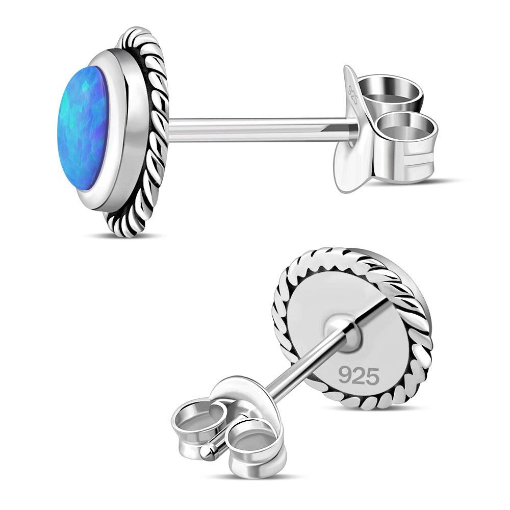 Round Synthetic Blue Opal Stud Silver Earrings