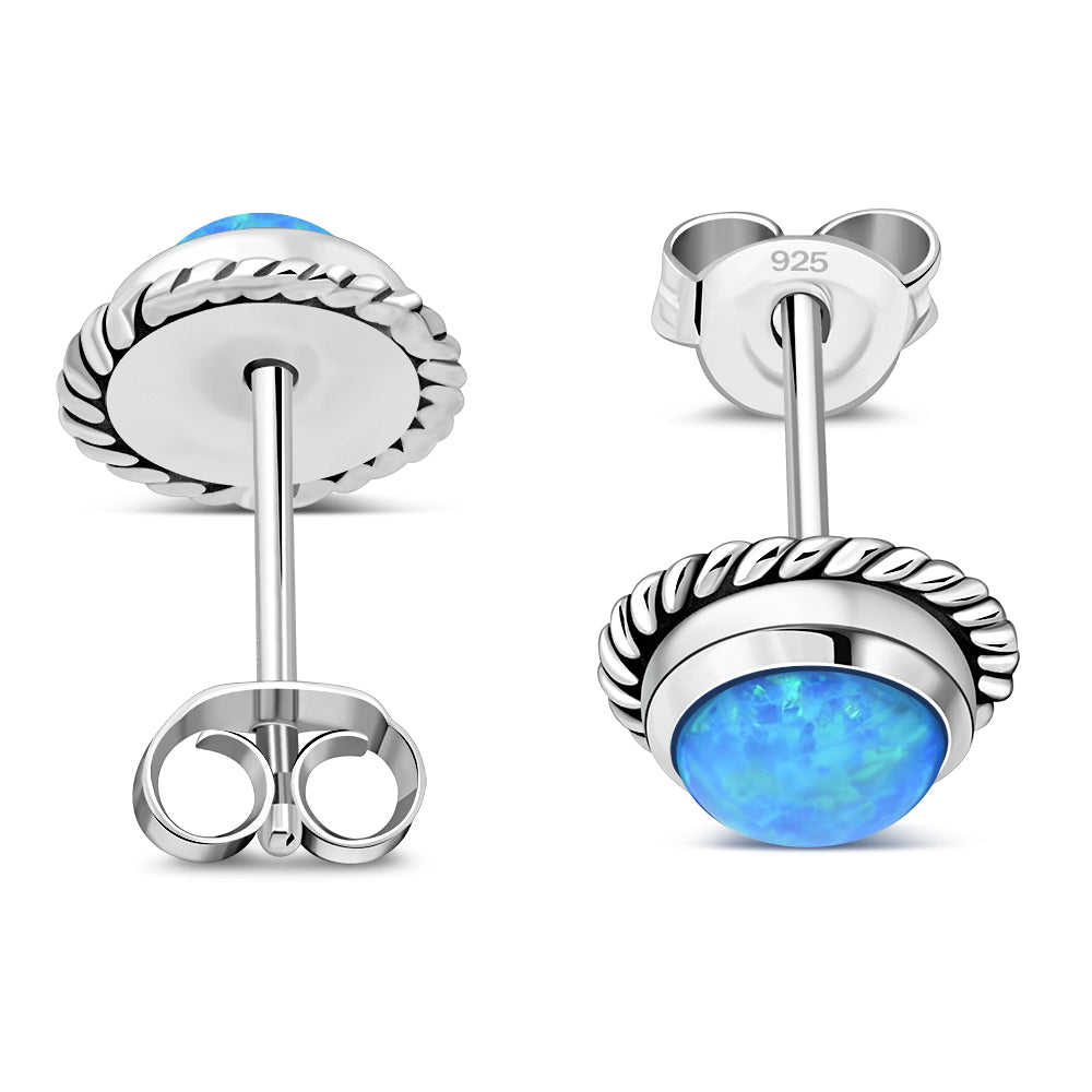 Round Synthetic Blue Opal Stud Silver Earrings