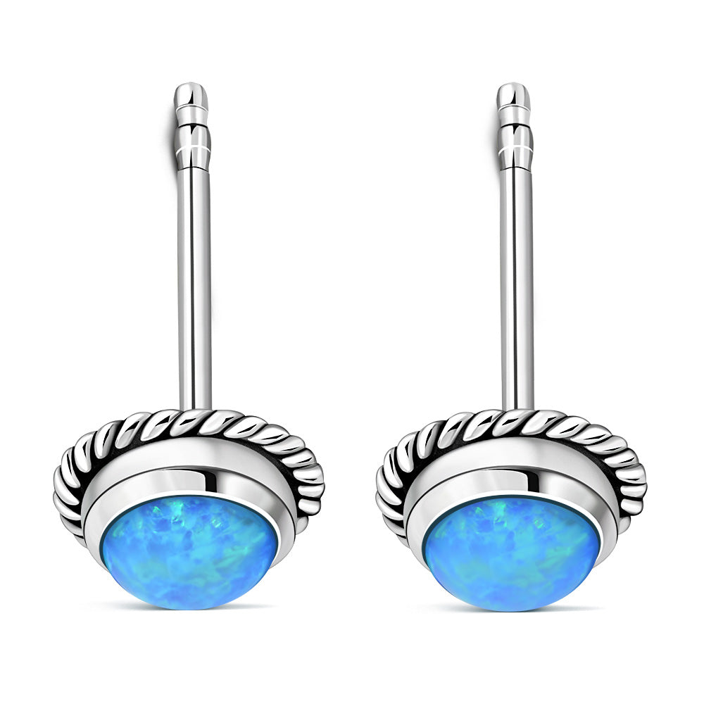 Round Synthetic Blue Opal Stud Silver Earrings