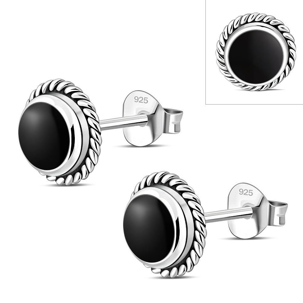 Round Black Onyx Stud Silver Earrings