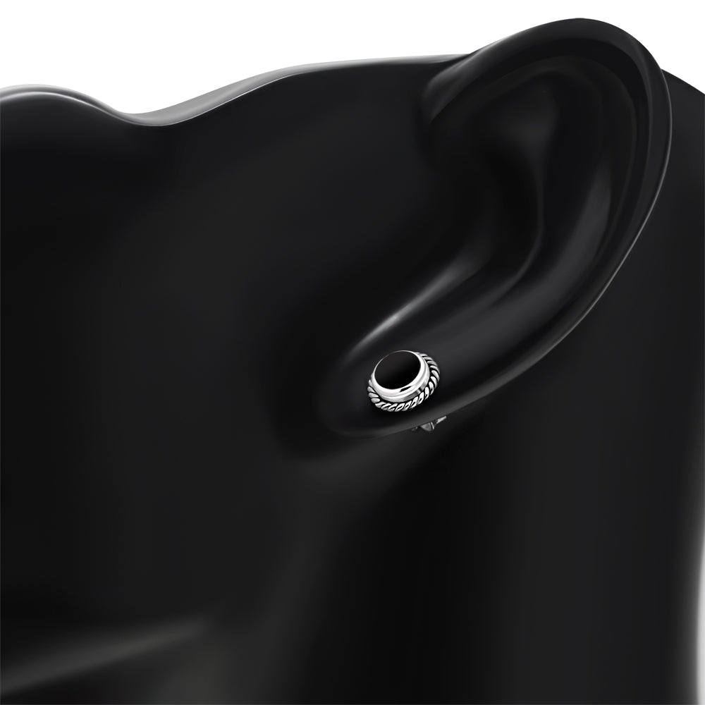 Round Black Onyx Stud Silver Earrings