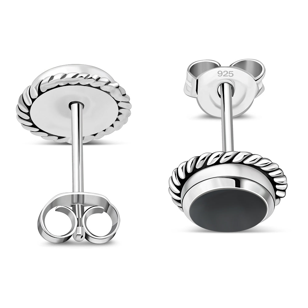 Round Black Onyx Stud Silver Earrings