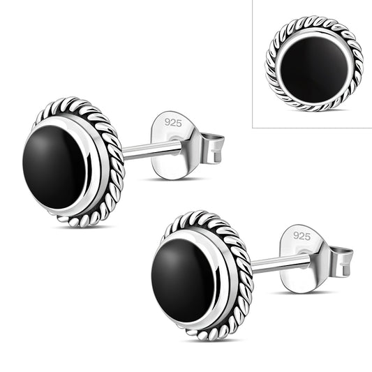 Round Black Onyx Stud Silver Earrings