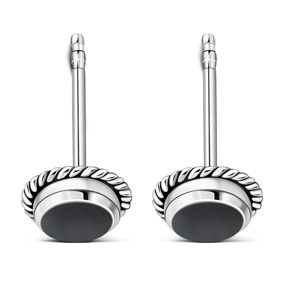 Round Black Onyx Stud Silver Earrings