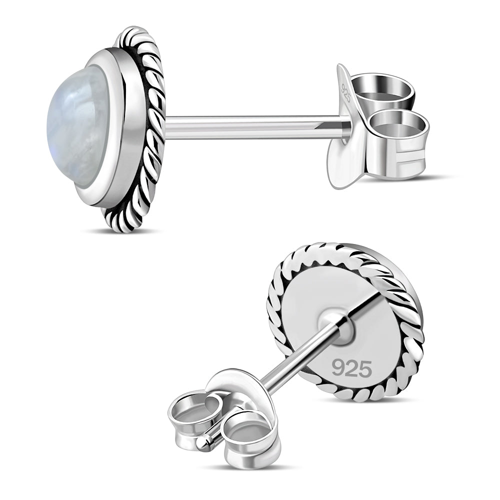 Round Rainbow Moonstone Stud Silver Earrings