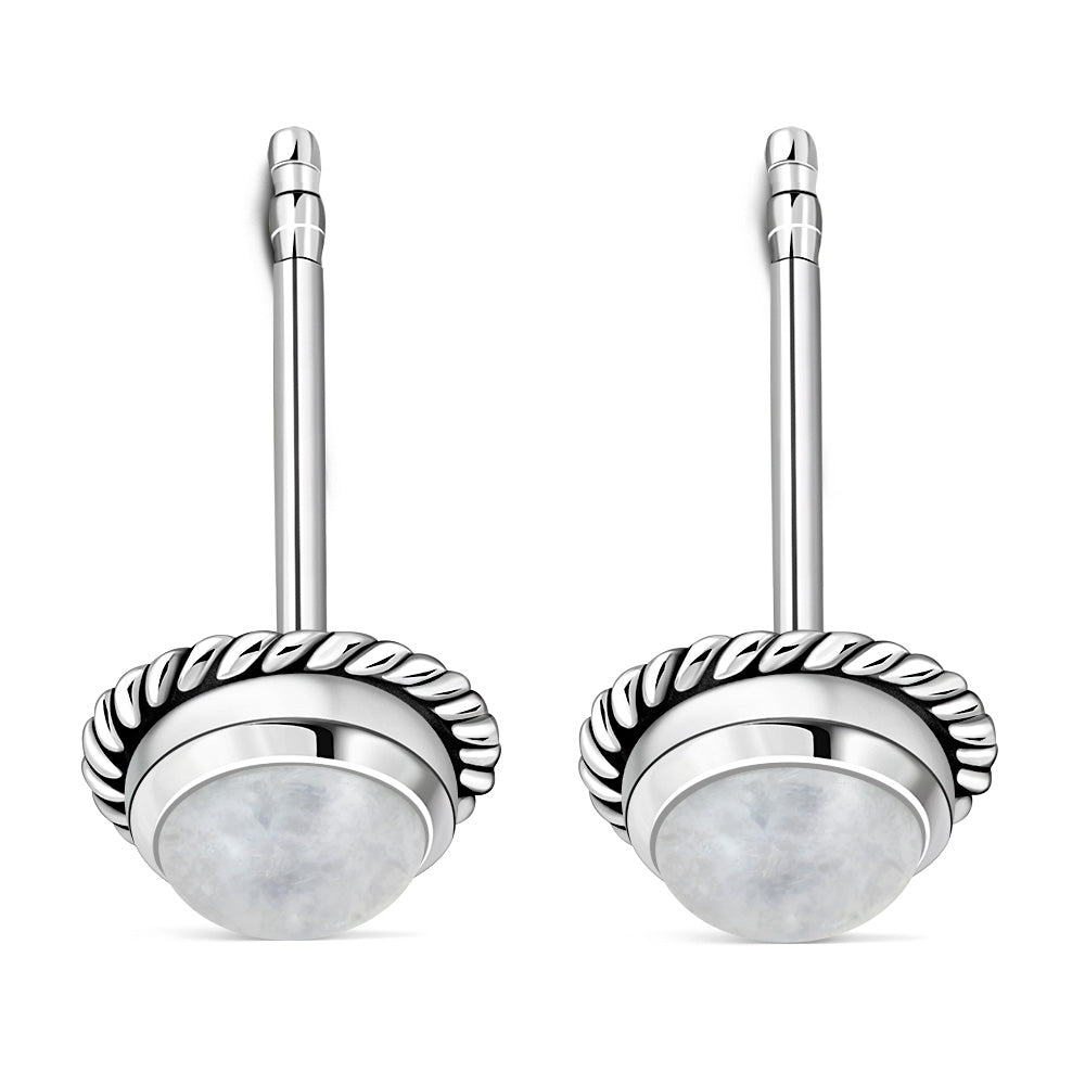 Round Rainbow Moonstone Stud Silver Earrings