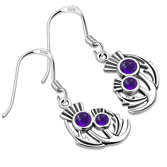 Amethyst Cab Stone Sterling Silver Thistle Earrings