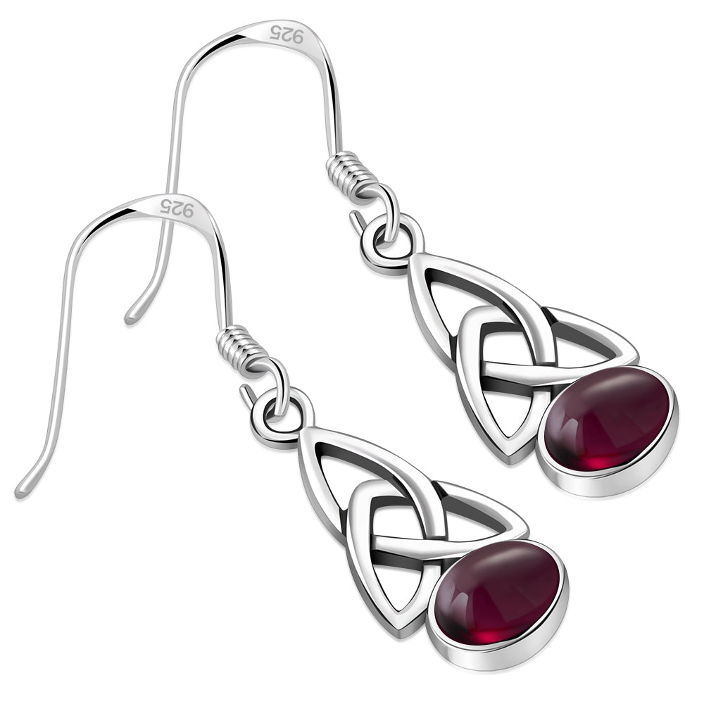 Garnet Stone Trinity Knot Silver Earrings Set