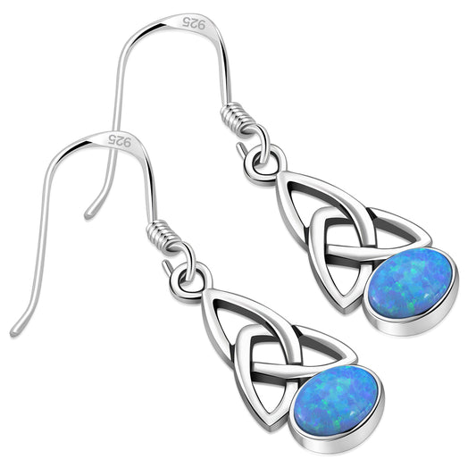 Synthetic Blue Opal Trinity Knot Silver Earrings