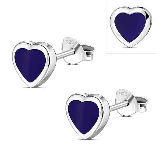 Lapis Lazuli Blue Stone Heart Silver Stud Earrings