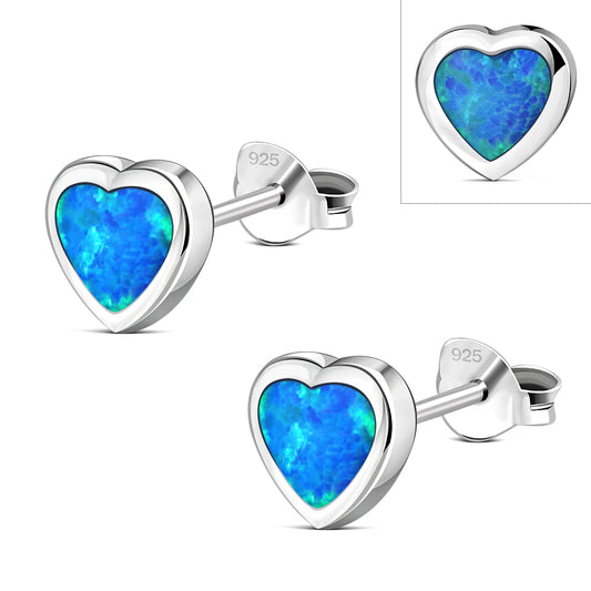 Synthetic Blue Opal Heart Silver Stud Earrings