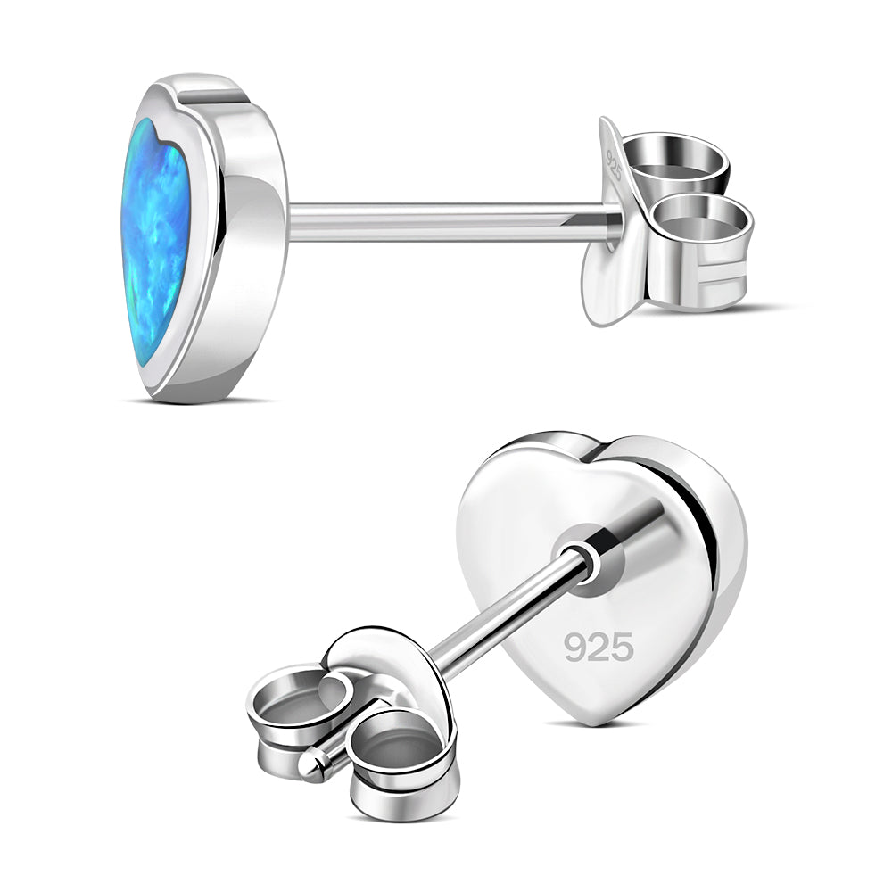 Synthetic Blue Opal Heart Silver Stud Earrings
