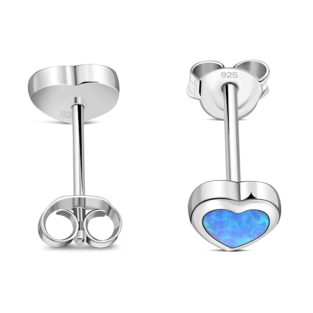 Synthetic Blue Opal Heart Silver Stud Earrings