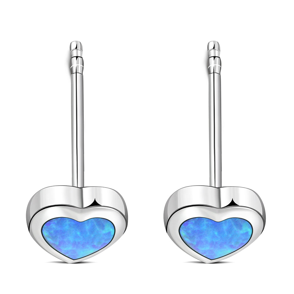 Synthetic Blue Opal Heart Silver Stud Earrings