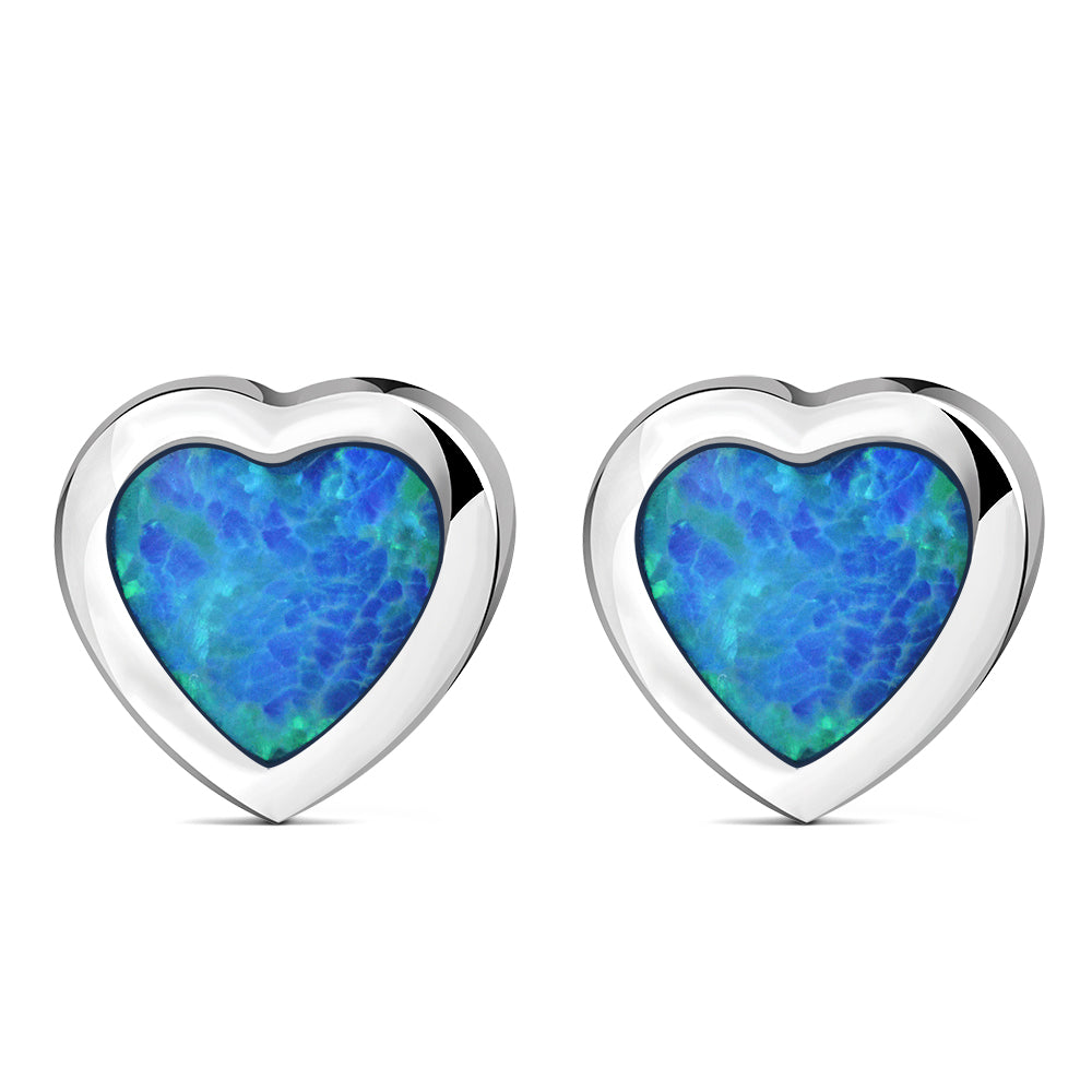 Synthetic Blue Opal Heart Silver Stud Earrings