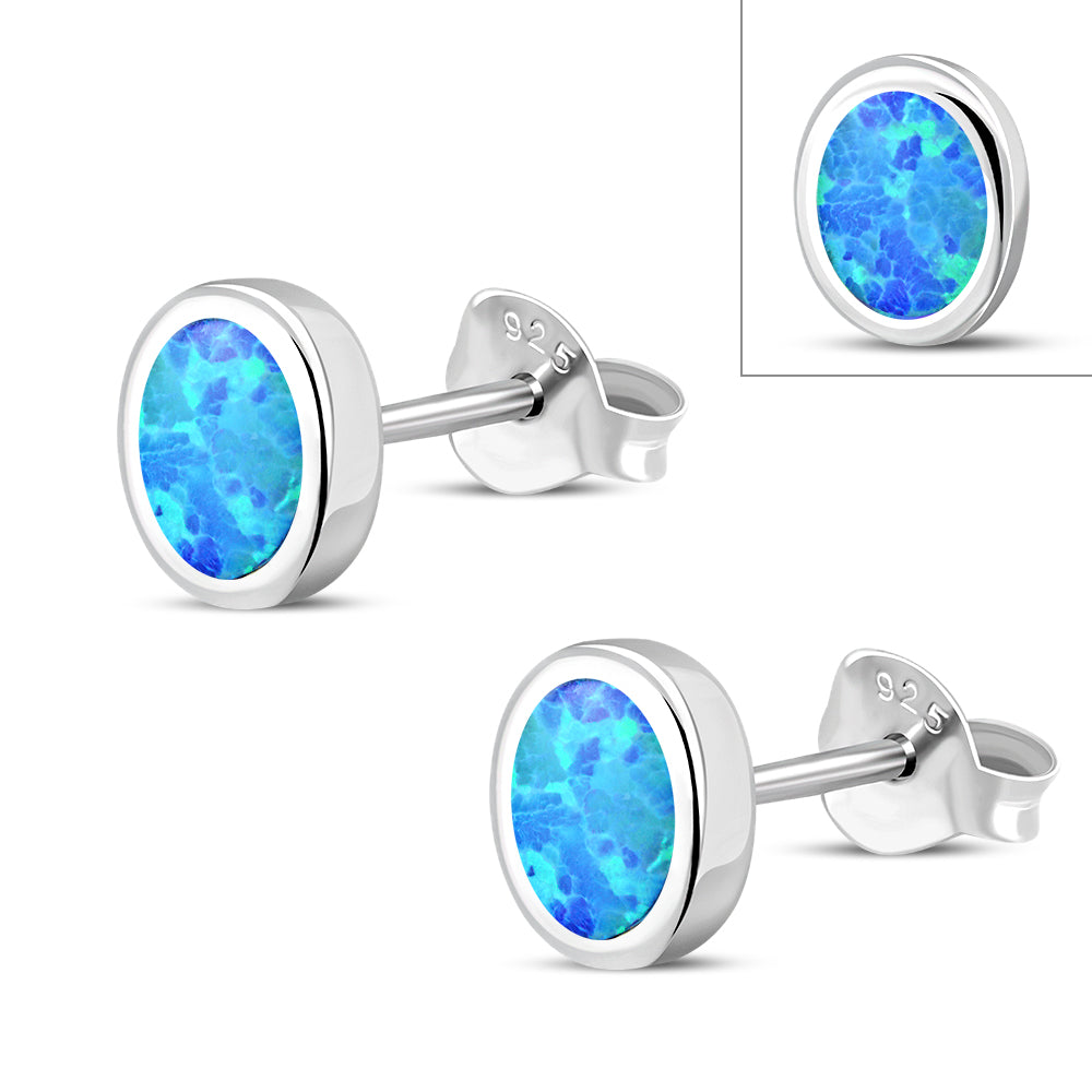 Synthetic Blue Opal Oval Silver Stud Earrings