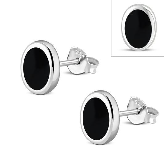 Black Onyx Oval Silver Stud Earrings