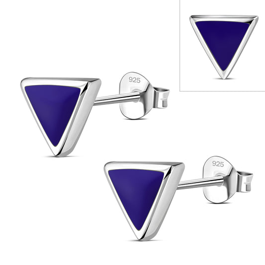 Lapis Lazuli Blue Stone Triangle Silver Stud Earrings