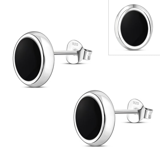 Black Onyx Oval Stud Silver Earrings