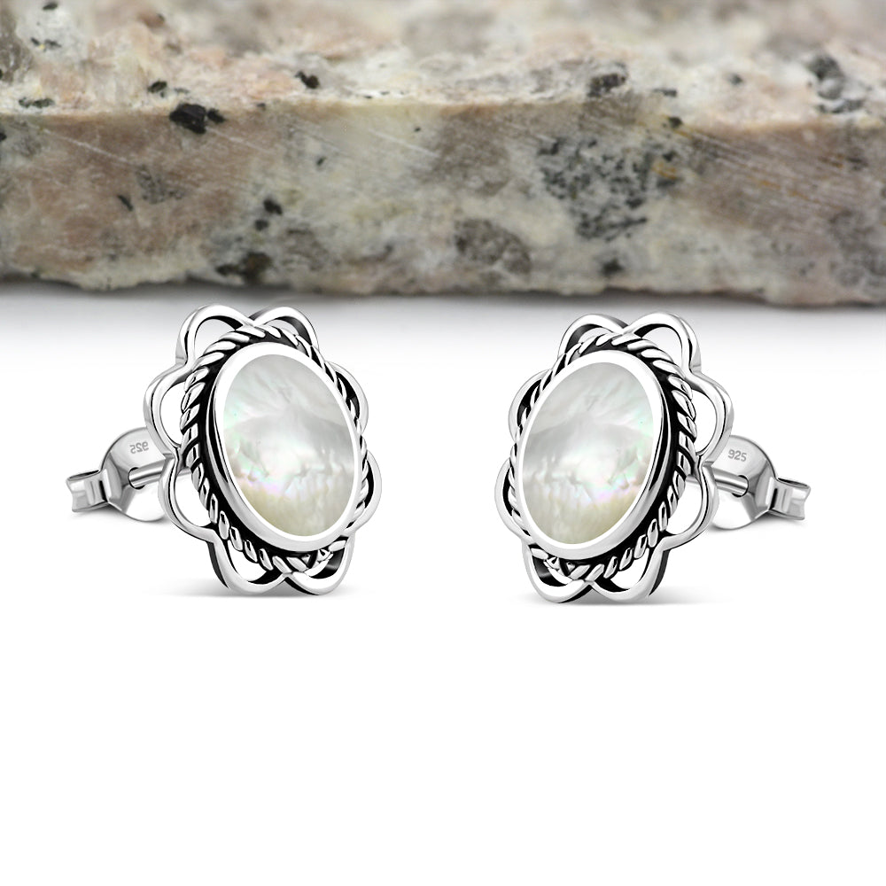 Mother of Pearl Oval Stud Silver Earrings