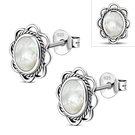 Mother of Pearl Oval Stud Silver Earrings
