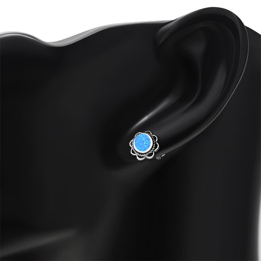 Synthetic Blue Opal Oval Stud Silver Earrings