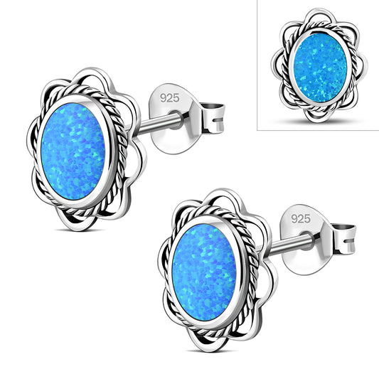 Synthetic Blue Opal Oval Stud Silver Earrings