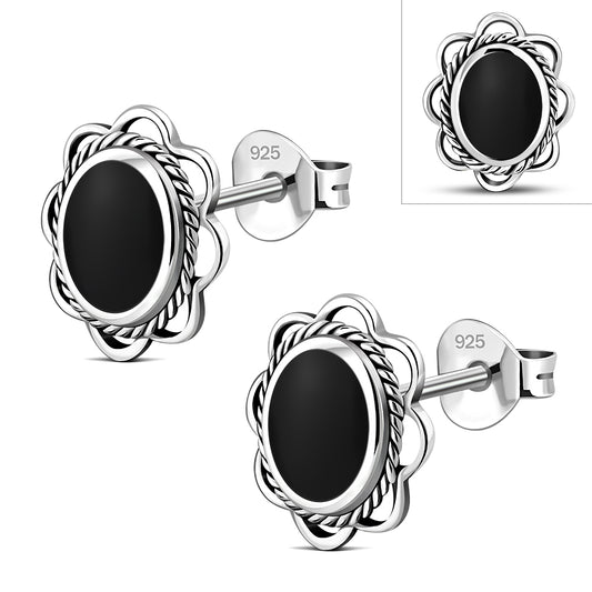 Black Onyx Oval Stud Silver Earrings