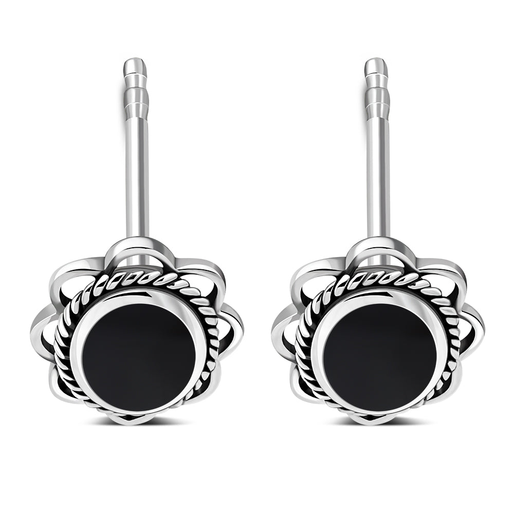 Black Onyx Oval Stud Silver Earrings