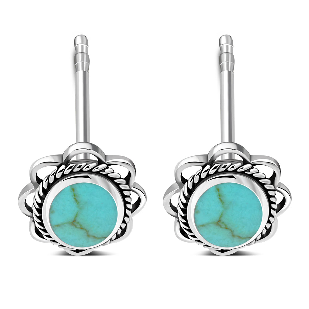 Turquoise Oval Braided Edge Silver Stud Earrings