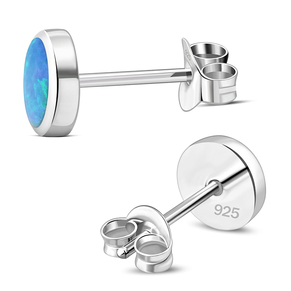 6mm | Synthetic Blue Opal Round Sterling Silver Stud Earrings