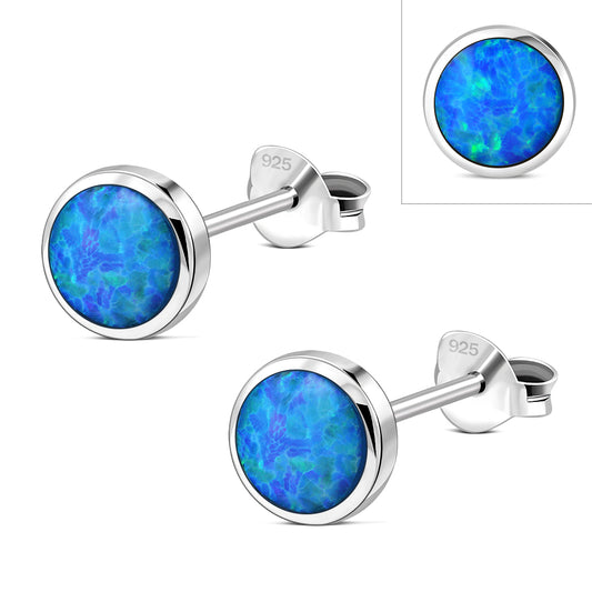 6mm | Synthetic Blue Opal Round Sterling Silver Stud Earrings